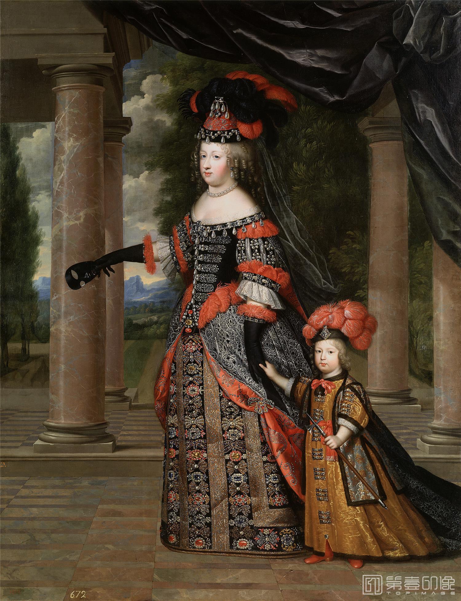 油画-西班牙普拉多美术馆油画藏画-Beaubrun, Charles; Beaubrun, Henry-María Teresa de Austria y el Gran Delfín de Francia-225cm x 175cm-0360